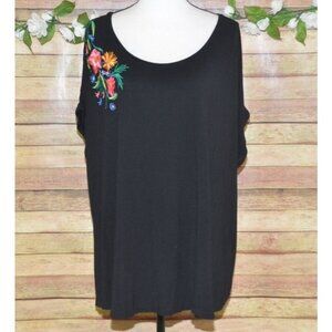 Hannah Women's Black Short Sleeve Jersey Knit Top Size 3X Embroidered Floral